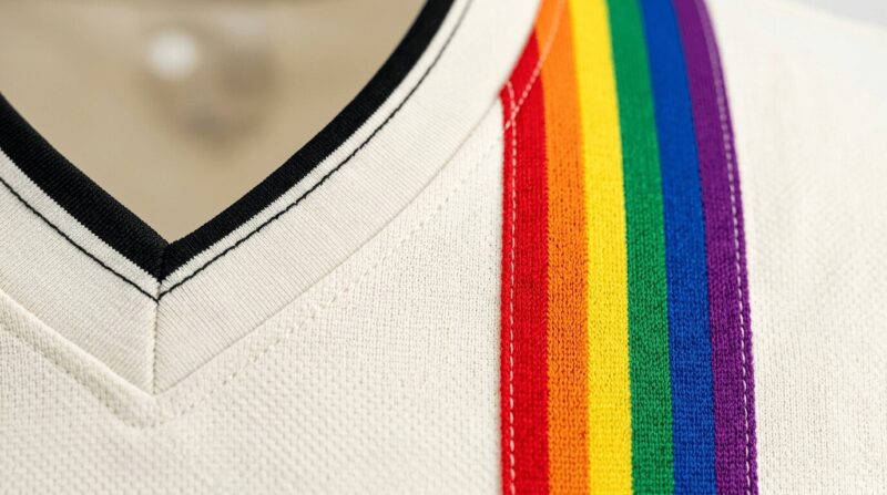 白いユニフォームに虹色のラインが入っている画像