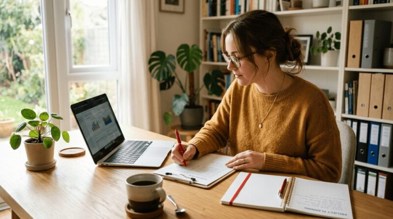 PCを見ながらノートにメモを取る女性の画像