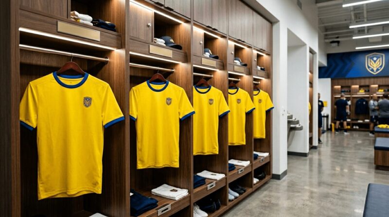 ブラジル代表のユニフォームが並んだロッカールームの画像