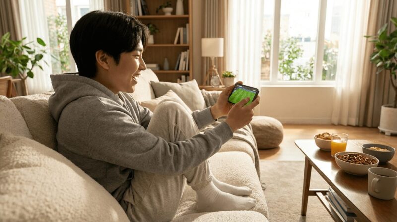 スマートフォンでサッカーを見ている男性の画像