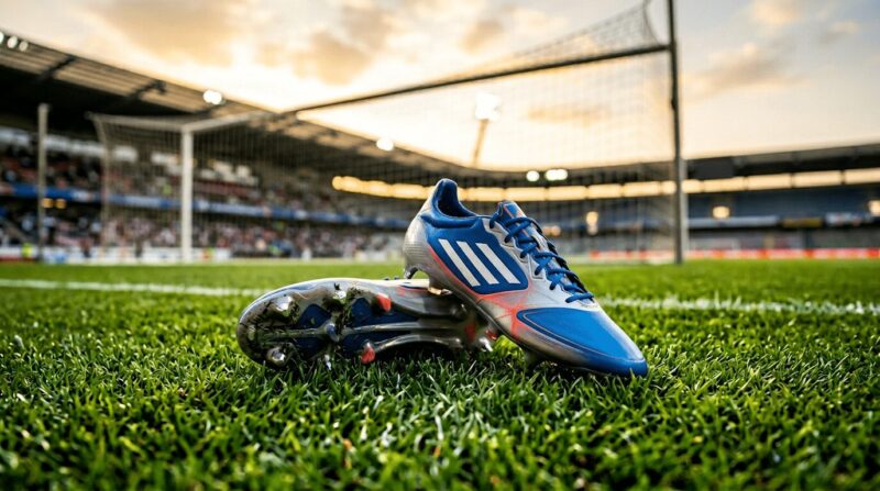 青色のアディダスのサッカースパイクがピッチ上に飾られている画像