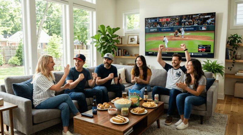 友人が集まってリビングで野球を観戦している画像