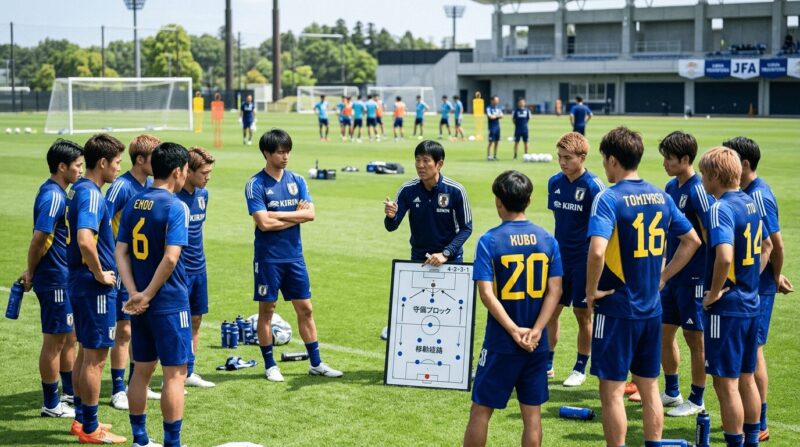 日本代表選手が練習中に作戦などの指示を受けている画像
