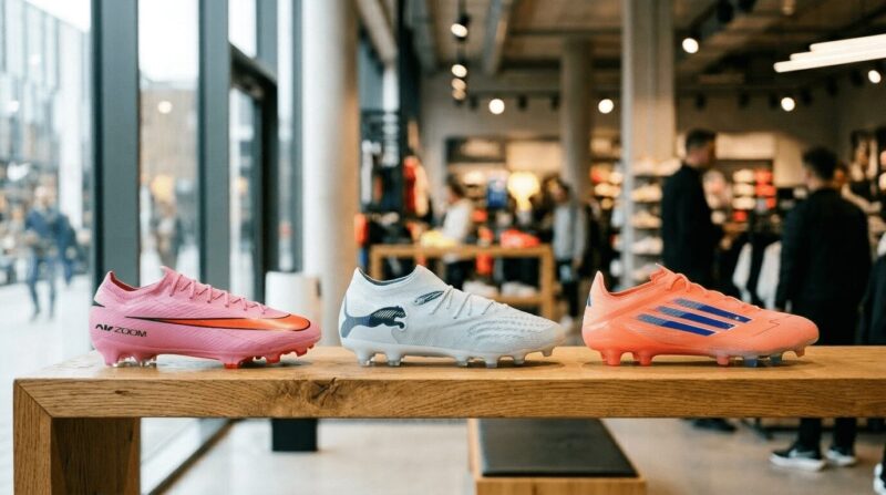 別々のメーカーのスパイク3足が店頭で並んでいる画像