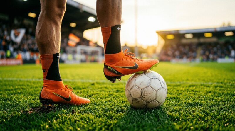 ナイキのスパイクを履いてサッカーボールに足を乗せている画像