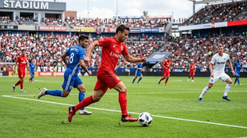 赤いユニフォームの選手が青いユニフォームのDFにマークされながらドリブルしている画像