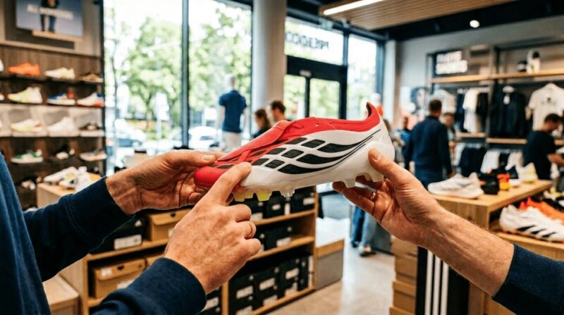 アディダスのスパイクを手に取りスパイクのポイントについて指を刺しながら考えている画像