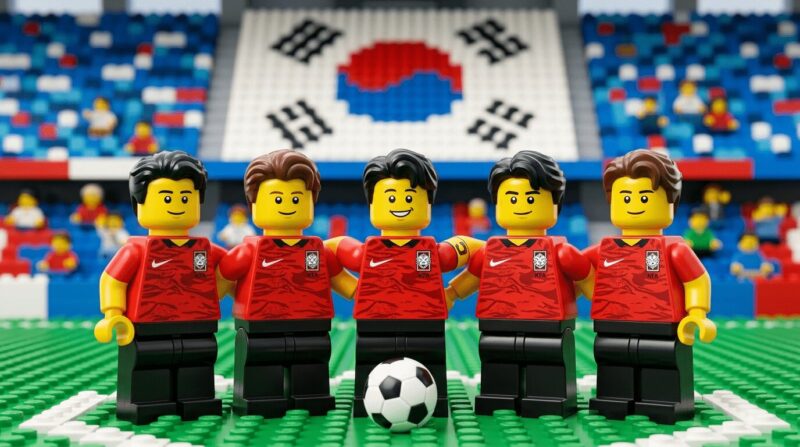 韓国代表のユニフォームを着たレゴの人形5体が並んでいる画像