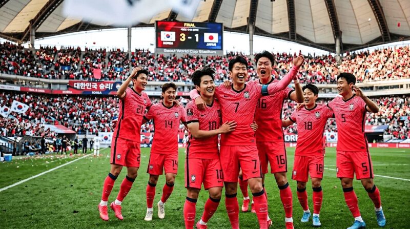 ゴールを決めて喜ぶ韓国代表チームの画像