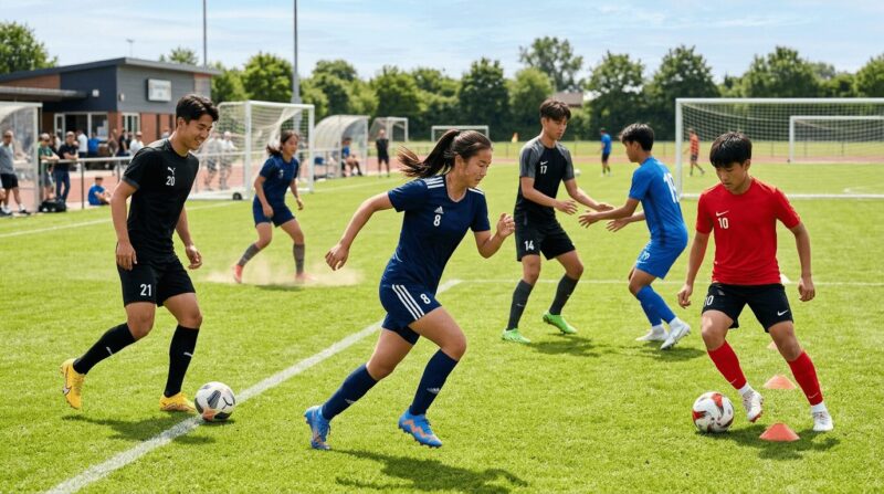 色んな世代、性別の選手がサッカーの練習をしている風景