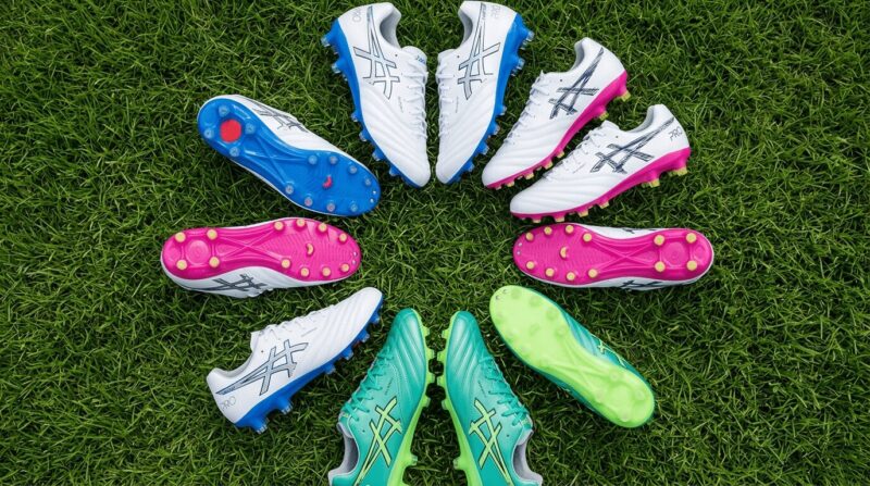 アシックスのスパイクが円状に並べられている画像