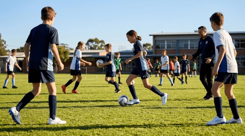 芝生のグラウンドで練習するサッカー部の画像