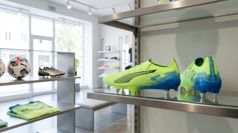 緑色のPUMA ULTRA5が店頭で飾られている画像