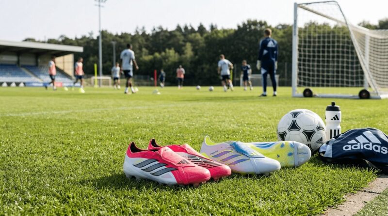 サッカーをしている芝生のグラウンドの手前にサッカーボールとアディダスのスパイクが複数置いてある画像
