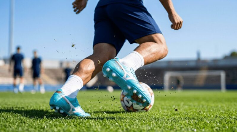 青色のミズノ・モレリア2を履いてドリブルしている選手の足元の画像
