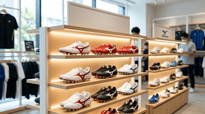 様々な色のミズノ・モレリア2が店頭に並んでいる画像