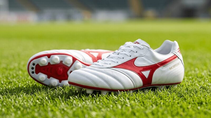 白地に赤色のミズノ・モレリア2が芝生の上に置いてある画像
