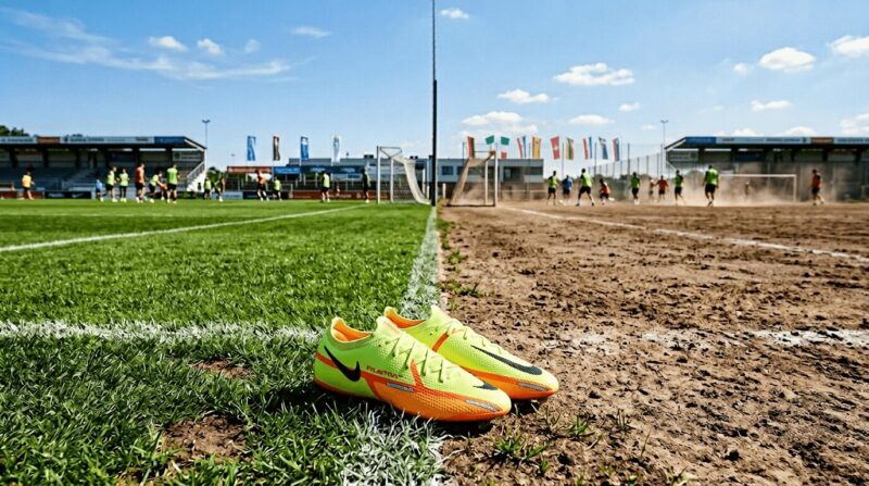 芝生のグラウンドと土のグラウンドのに分割画像で中央に黄色のナイキファントム6LOWが置いてある画像