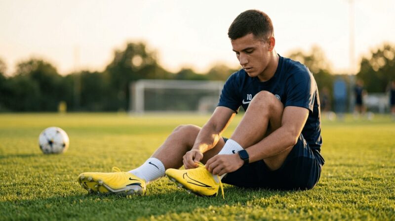 夕暮れの芝生のグラウンドでナイキのスパイクを履く若い男性の画像