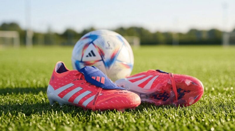 ピンク色のアディダスのスパイクとサッカーボールが芝生のグラウンドに置いてある画像