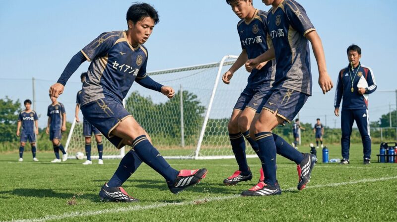 アディダスのスパイクを履いた生徒が部活でサッカーの練習をしている画像