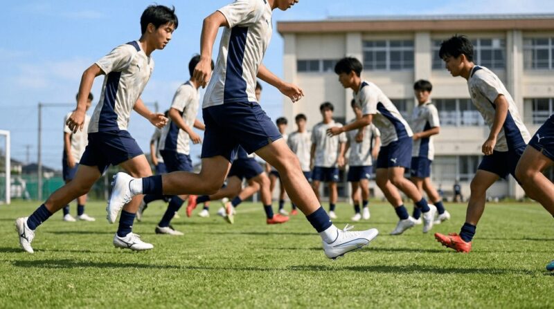 芝生のグラウンドで各メーカーのスパイクを履いて運動している子供の画像