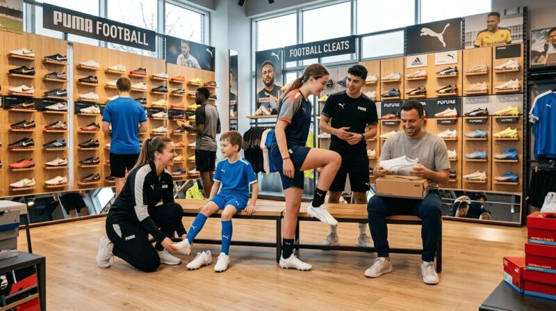 ショップでスタッフに聞きながら試着している女性客と少年のお客がいる店内の画像