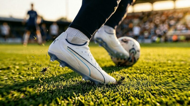 白色のプーマのスパイクを履いてドリブルする足元の画像