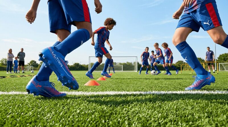 芝生のグラウンドで青いプーマのスパイクを履いた子供たちがサッカーの練習をする画像