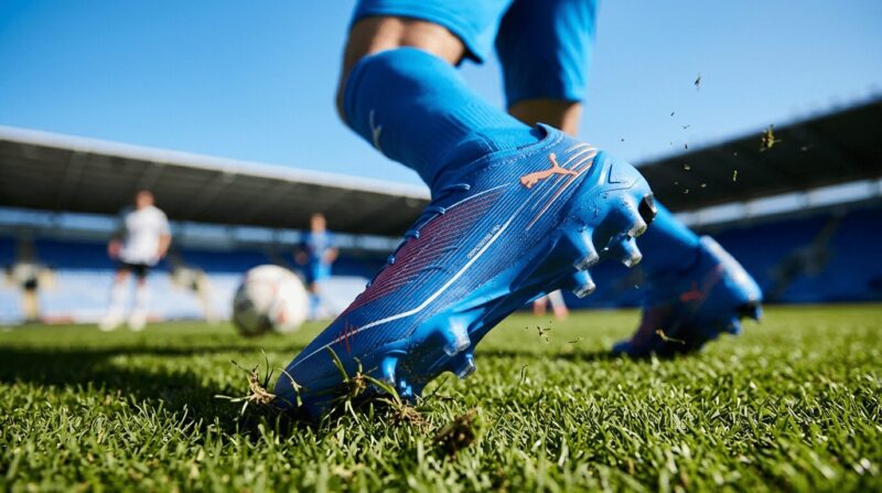 青いプーマのスパイクを白選手の足元のアップ画像
