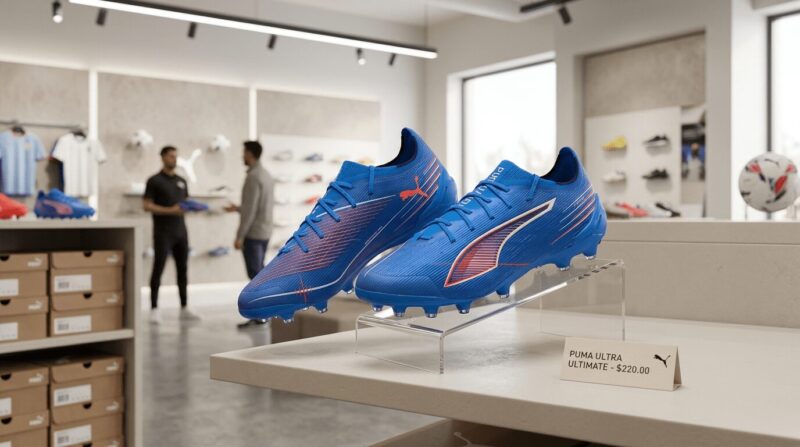 白を基調としたモダンなスポーツショップの店内に青色のプーマのスパイクが展示されている画像