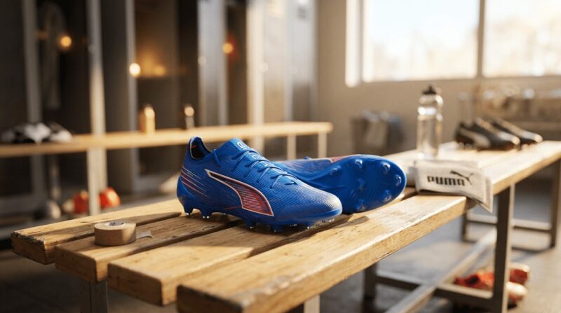 ロッカー室内に青色のプーマのスパイクが置いてある画像