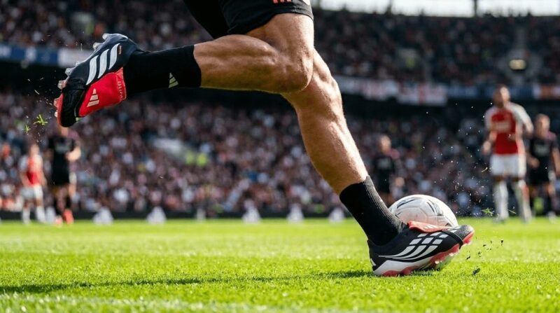 アディダスのスパイクを履いている選手がボールを足元でトラップする画像