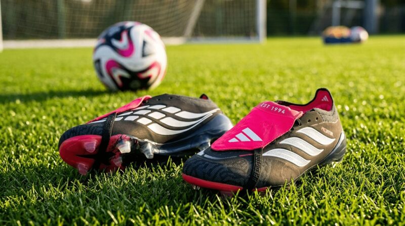 アディダスのスパイクが芝生のピッチ状にボールと一緒に置いてある画像