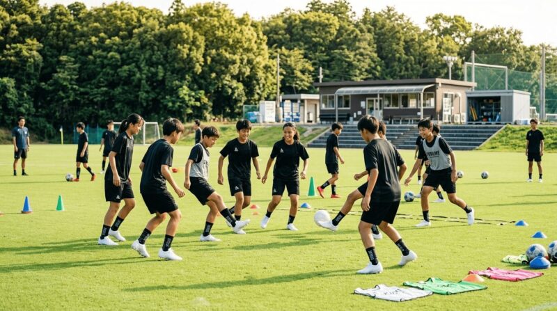 黒いビブスを着た少年・少女がサッカーの練習をしている画像
