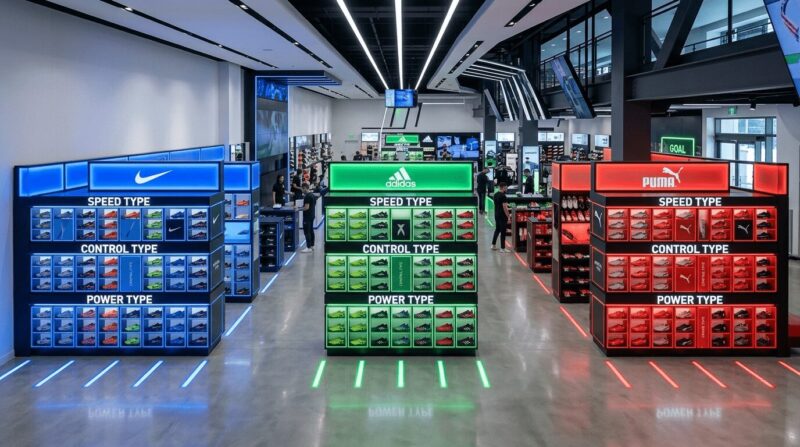 近代的なスポーツショップのカテゴリ別に陳列されているスパイク売り場の画像