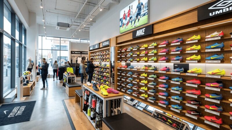 サッカーのスパイクがずらりと並んでいるナイキショップの店内の画像