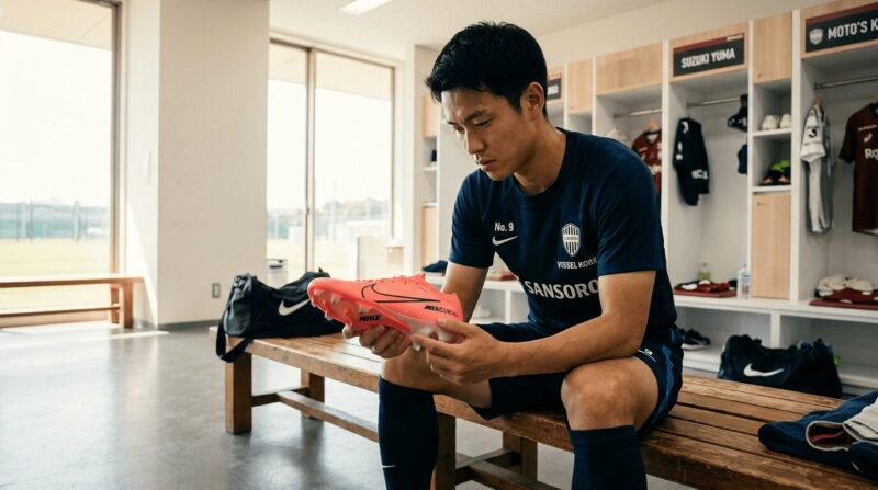 更衣室でマーキュリアルVapor16を手に持って見つめている男性の画像