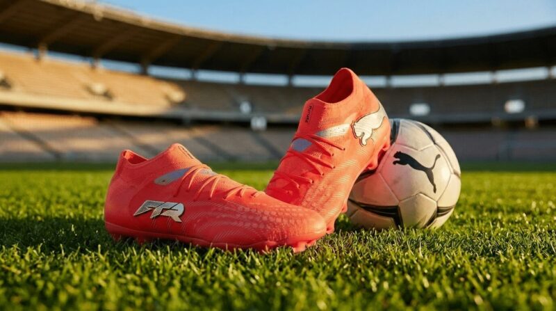 芝のピッチ上にPUMA Future9 Ultimateとサッカーボールが置いてる画像