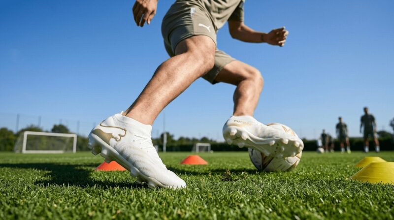 白いPUMA Future9 Ultimateを履いてプレーしている人の画像