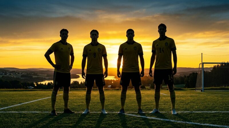 4人のサッカー選手が夕日をバックに並んでいる画像