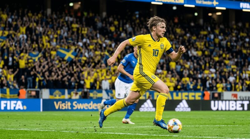 スウェーデン代表の選手がドリブルしている画像