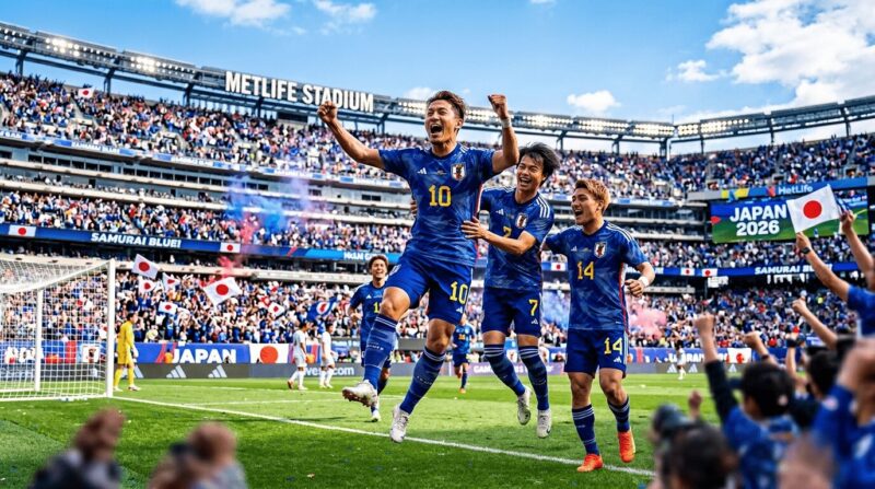 ゴールを決めた選手に抱きつき喜ぶ青いユニフォームのサッカー選手たちの画像