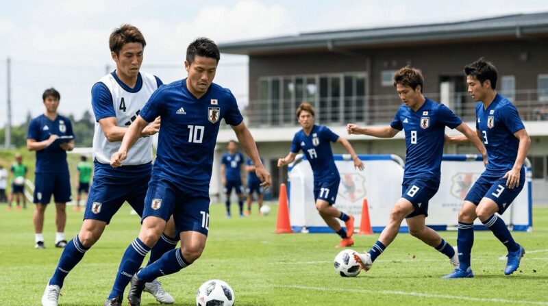 青いユニフォームを着て練習するサッカー選手の画像