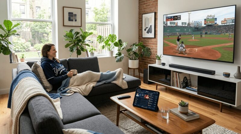 リビングルームで野球を試聴している女性の画像