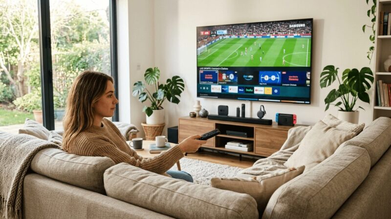 リモコンを片手にスポーツのチャンネルを選んでいる女性の画像