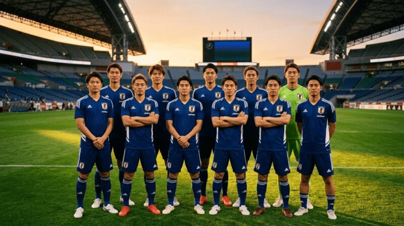 夕陽を背にピッチで整列する青いユニフォームの選手たちの画像