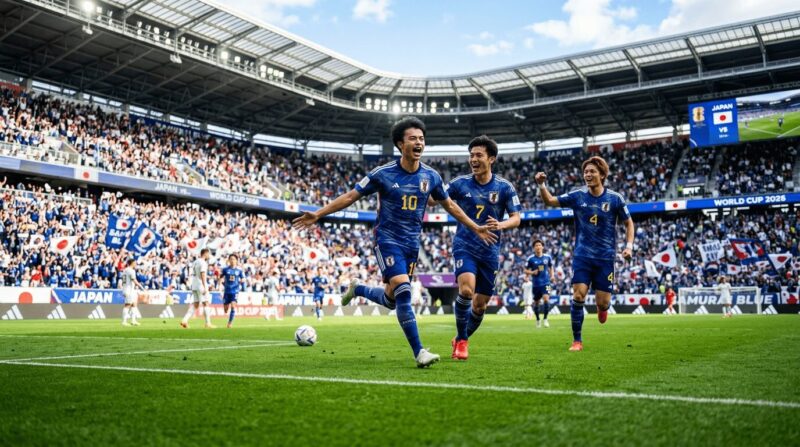 ゴールを決めて喜ぶ青いユニフォームの選手たちの画像