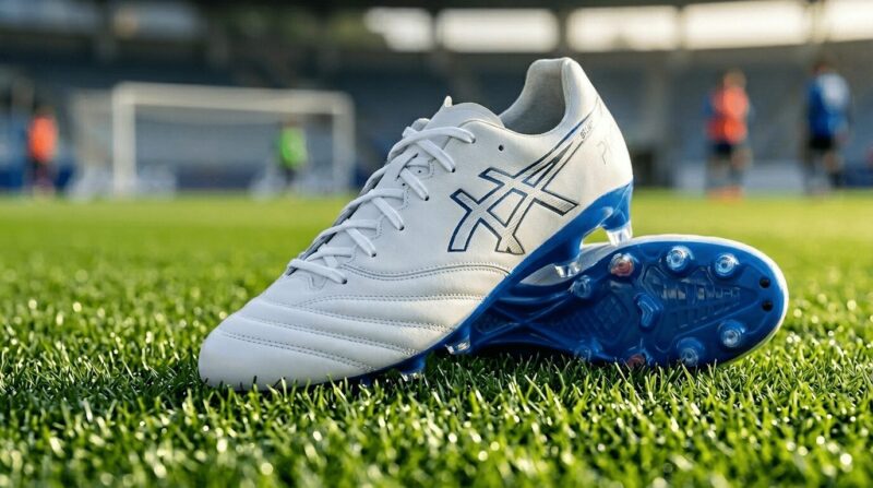 ピッチ上に置かれた白いアシックスのスパイクのアップ画像