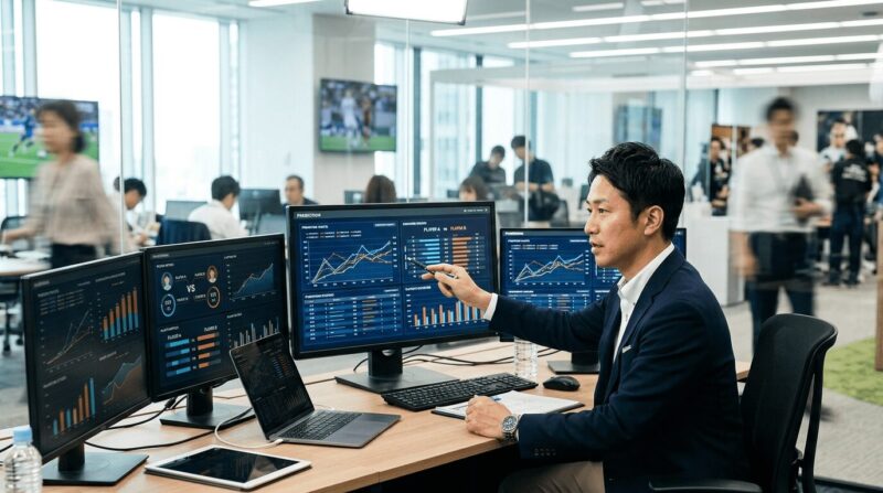 4つの画面のデータを見比べているスーツを着た男性の画像